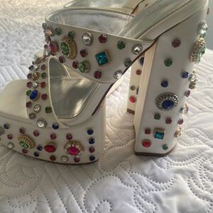 Colorful Gem-Studded White Platform Heels